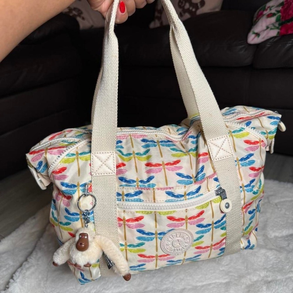 Kipling White Multi-Colored Dragonfly Print Nylon Handbag with Monkey Keychain